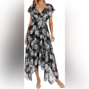 Nightway Textured High Low Flutter Sleeve Black and White Floral Midi Dress 8
